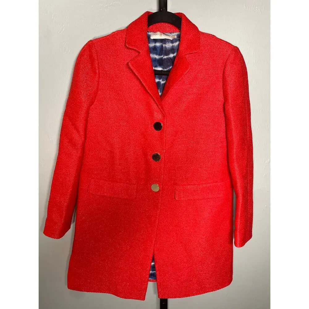 Tory Burch Castleton Peacot Womens XS Red Gold Buttons Silk Lining Cotton Blend